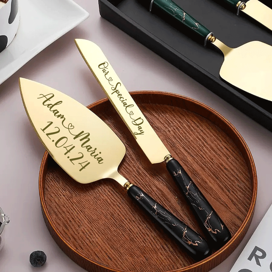 Luxury Engraved Personalised Bride & Groom Wedding Cake Server and Knife Slicer Set Gift Customised With Name