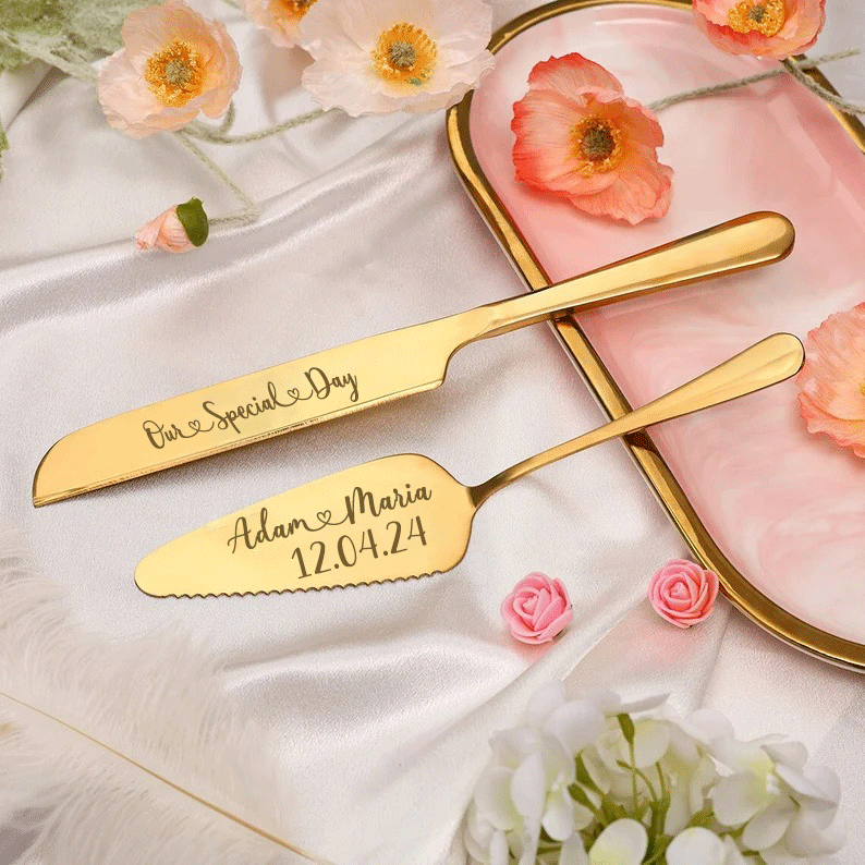 Custom Wedding Cake Server and Slicer Knife Gift Set Personalised for Bride & Groom made of Stainless Steel (Black , Silver , Gold , Rose Gold)