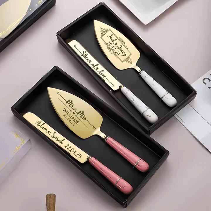 Luxury Engraved Personalised Bride & Groom Wedding Cake Server and Knife Slicer Set Gift Customised With Name