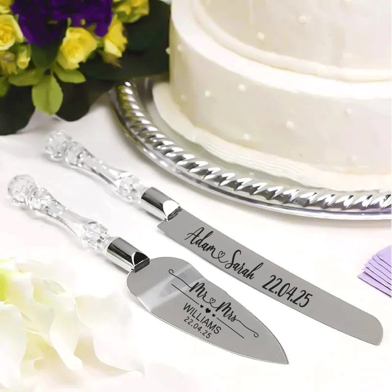 Wedding Cake Server and Slicer Knife Gift Set Personalised for Bride & Groom made of Stainless Steel