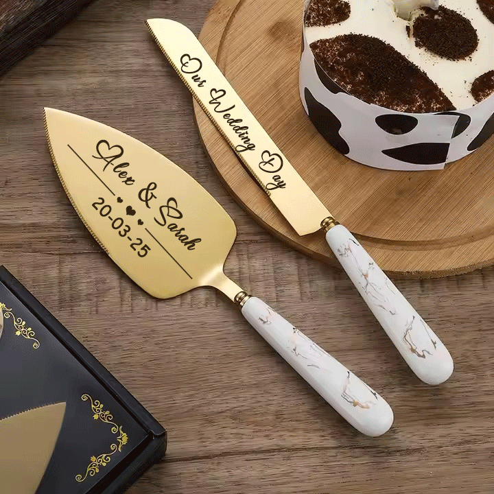Luxury Engraved Personalised Bride & Groom Wedding Cake Server and Knife Slicer Set Gift Customised With Name