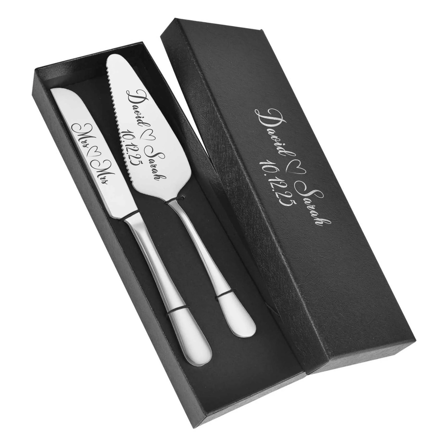 Custom Wedding Cake Server and Slicer Knife Gift Set Personalised for Bride & Groom made of Stainless Steel (Black , Silver , Gold , Rose Gold)