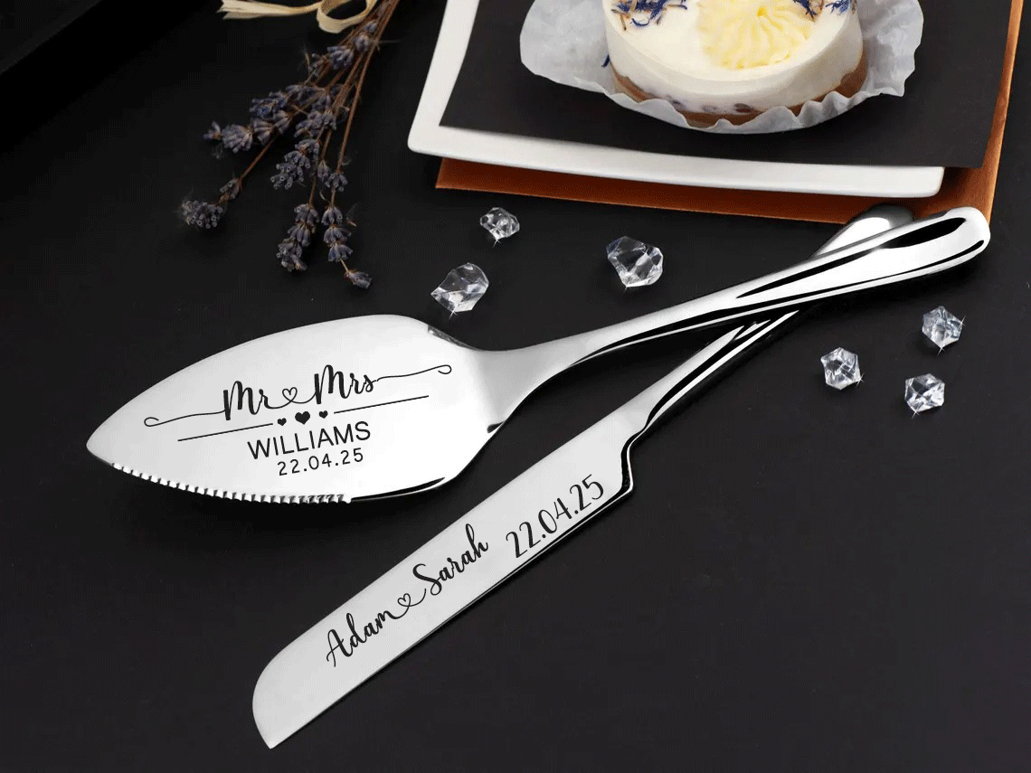 Wedding Cake Server and Slicer Knife Gift Set Personalised for Bride & Groom made of Stainless Steel (Black , Silver , Gold , Rose Gold)