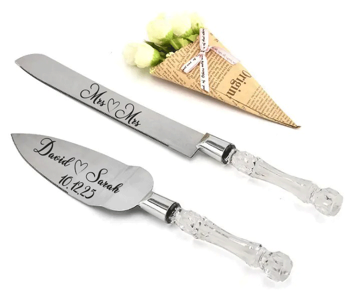 Wedding Cake Server and Slicer Knife Gift Set Personalised for Bride & Groom made of Stainless Steel