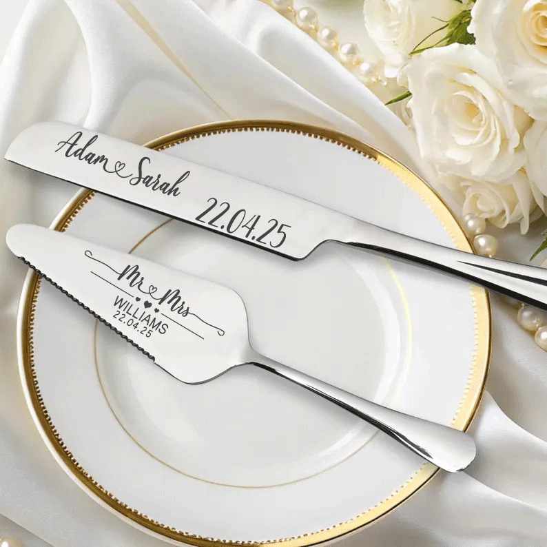 Custom Wedding Cake Server and Slicer Knife Gift Set Personalised for Bride & Groom made of Stainless Steel (Black , Silver , Gold , Rose Gold)