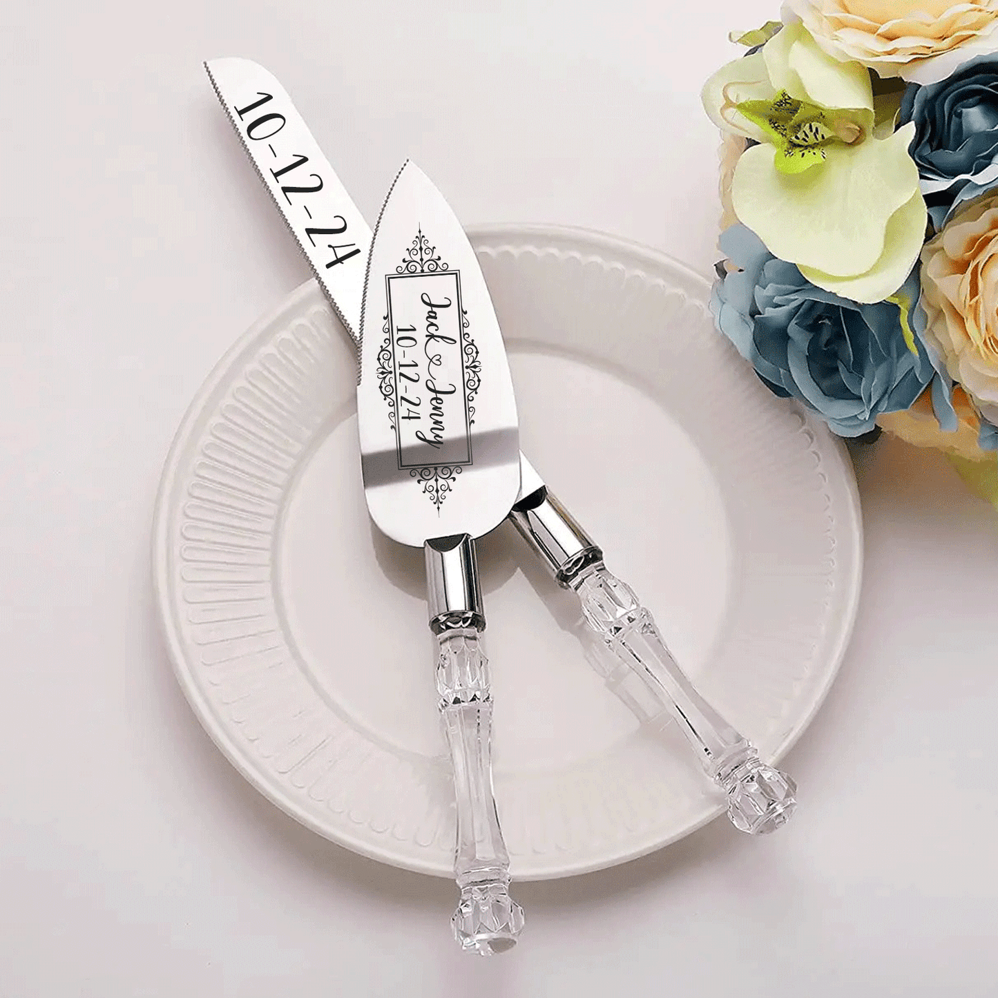 Wedding Cake Server and Slicer Knife Gift Set Personalised for Bride & Groom made of Stainless Steel