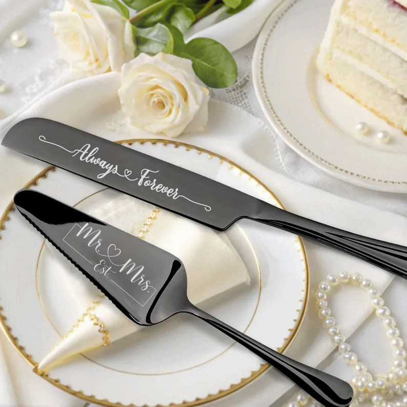Custom Wedding Cake Server and Slicer Knife Gift Set Personalised for Bride & Groom made of Stainless Steel (Black , Silver , Gold , Rose Gold)