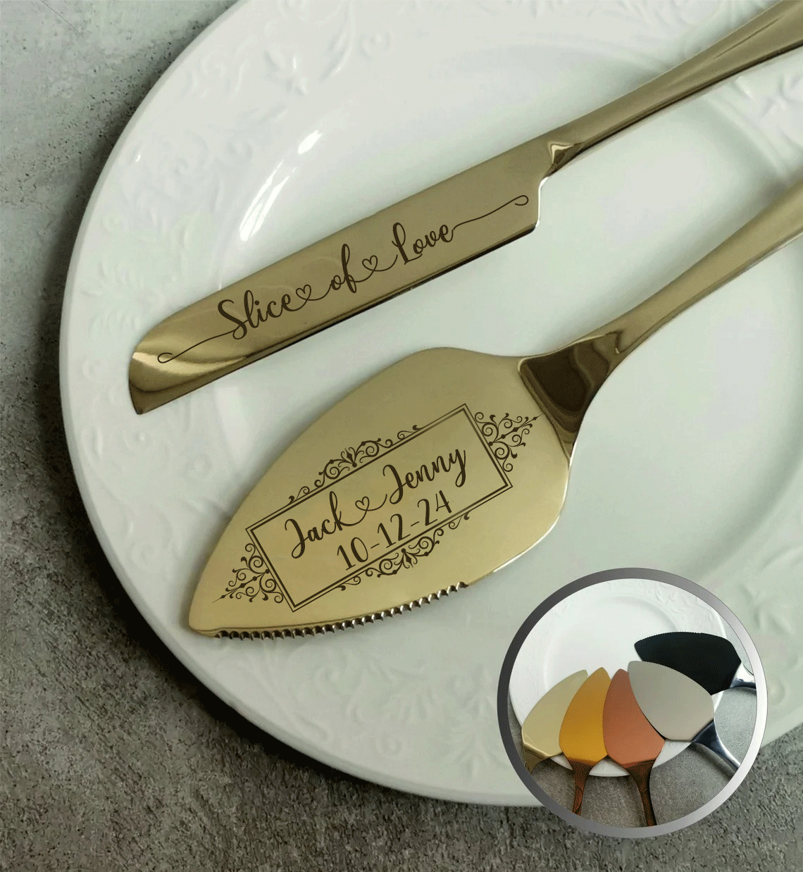 Wedding Cake Server and Slicer Knife Gift Set Personalised for Bride & Groom made of Stainless Steel (Black , Silver , Gold , Rose Gold)