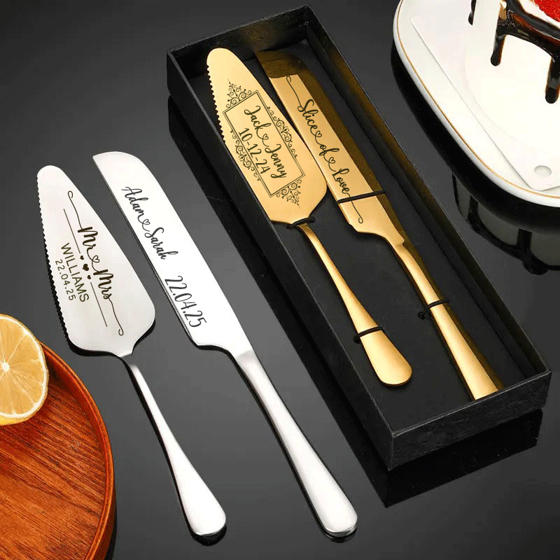 Custom Wedding Cake Server and Slicer Knife Gift Set Personalised for Bride & Groom made of Stainless Steel (Black , Silver , Gold , Rose Gold)