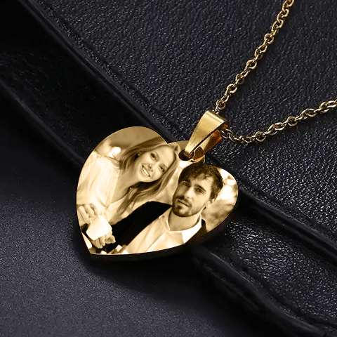 Gold Heart Personalised Photo Necklace with text
