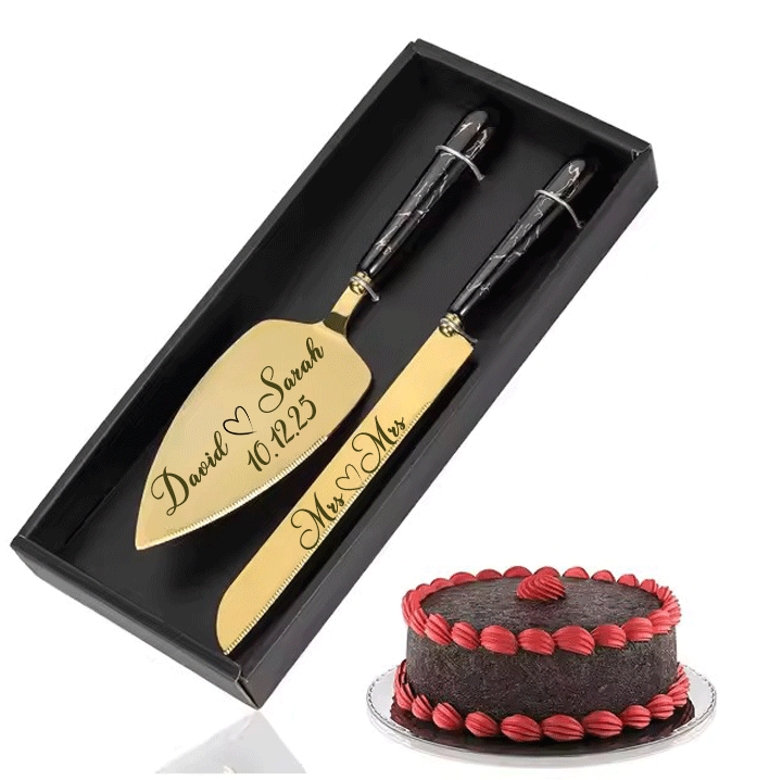 Luxury Engraved Personalised Bride & Groom Wedding Cake Server and Knife Slicer Set Gift Customised With Name