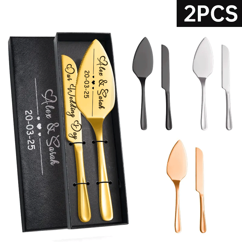 Wedding Cake Server and Slicer Knife Gift Set Personalised for Bride & Groom made of Stainless Steel (Black , Silver , Gold , Rose Gold)