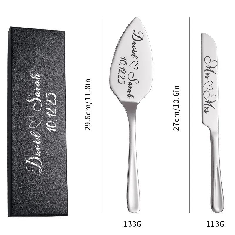 Wedding Cake Server and Slicer Knife Gift Set Personalised for Bride & Groom made of Stainless Steel (Black , Silver , Gold , Rose Gold)