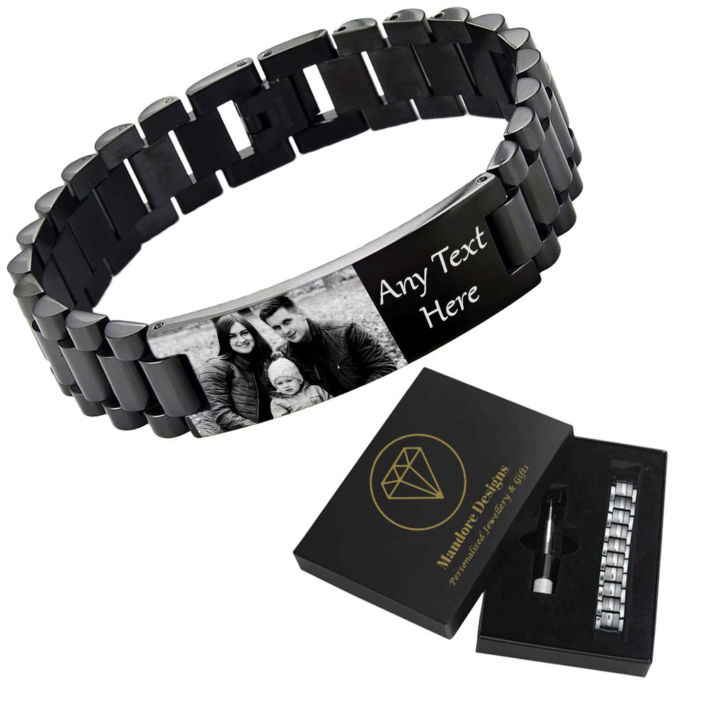 Mandore Designs® Christmas personalised engraved black stainless steel photo bracelet with custom text, adjustable size tool & gift box. gift for Dad or Grandad