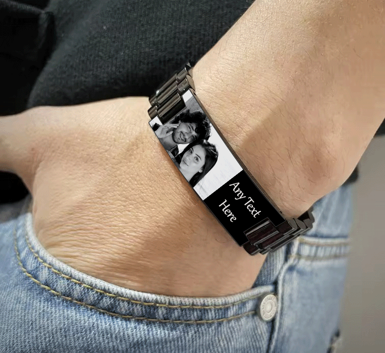 Mandore Designs® Christmas personalised engraved black stainless steel photo bracelet with custom text, adjustable size tool & gift box. gift for Dad or Grandad