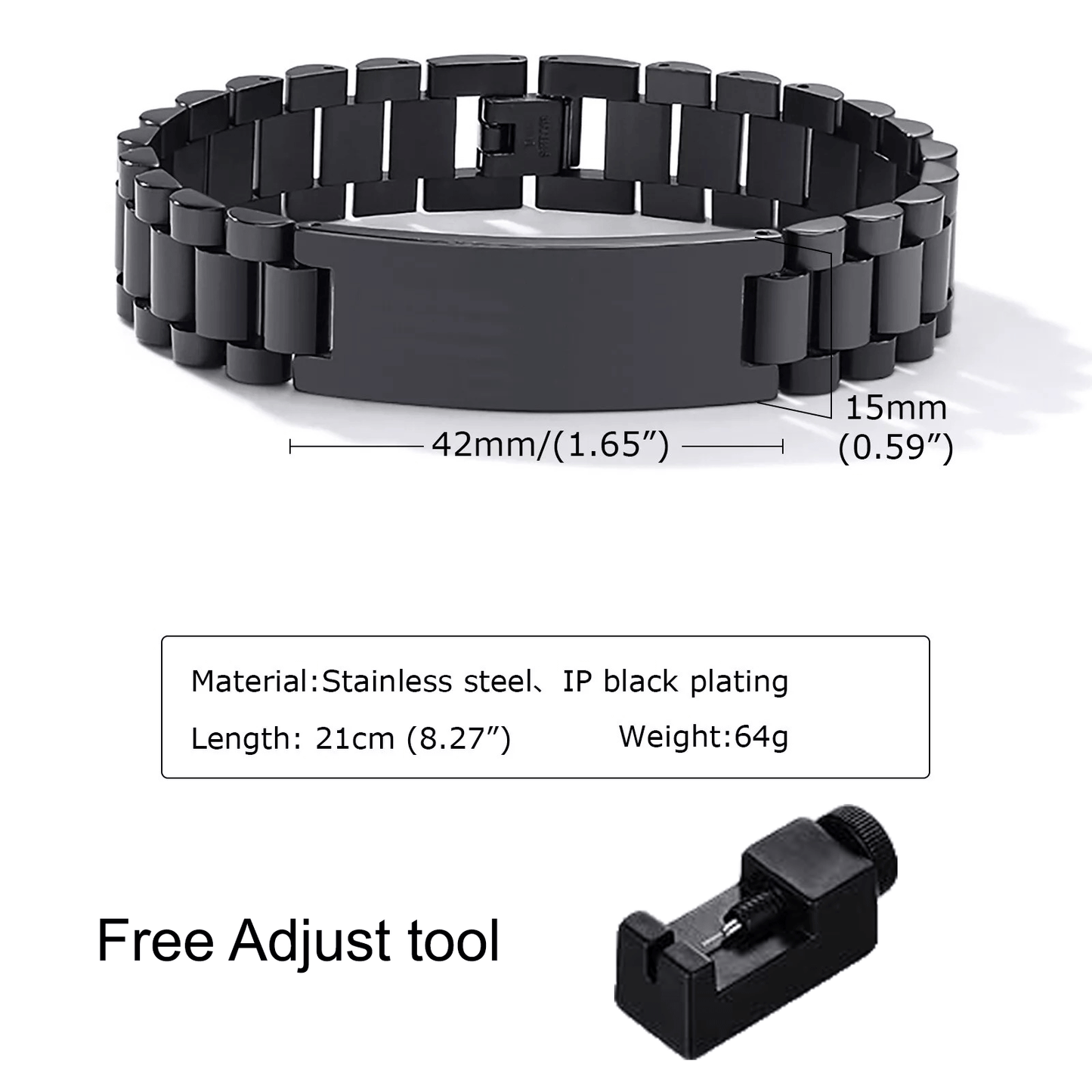 Mandore Designs® Christmas personalised engraved black stainless steel photo bracelet with custom text, adjustable size tool & gift box. gift for Dad or Grandad