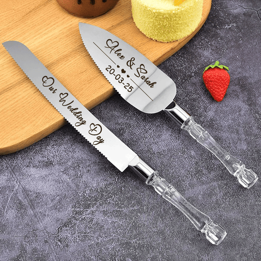 Wedding Cake Server and Slicer Knife Gift Set Personalised for Bride & Groom made of Stainless Steel
