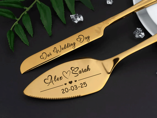 Wedding Cake Server and Slicer Knife Gift Set Personalised for Bride & Groom made of Stainless Steel (Black , Silver , Gold , Rose Gold)