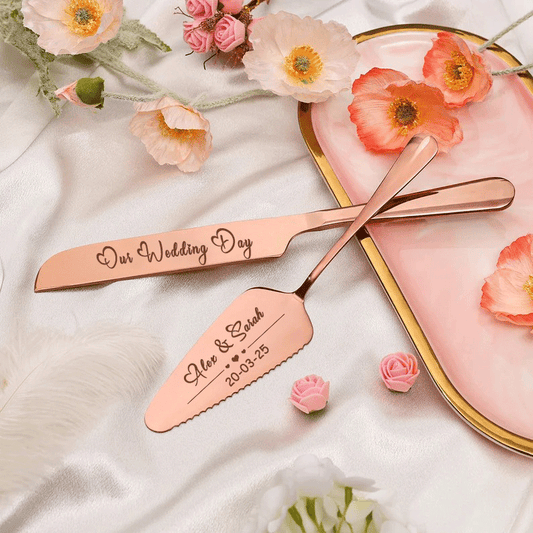 Custom Wedding Cake Server and Slicer Knife Gift Set Personalised for Bride & Groom made of Stainless Steel (Black , Silver , Gold , Rose Gold)