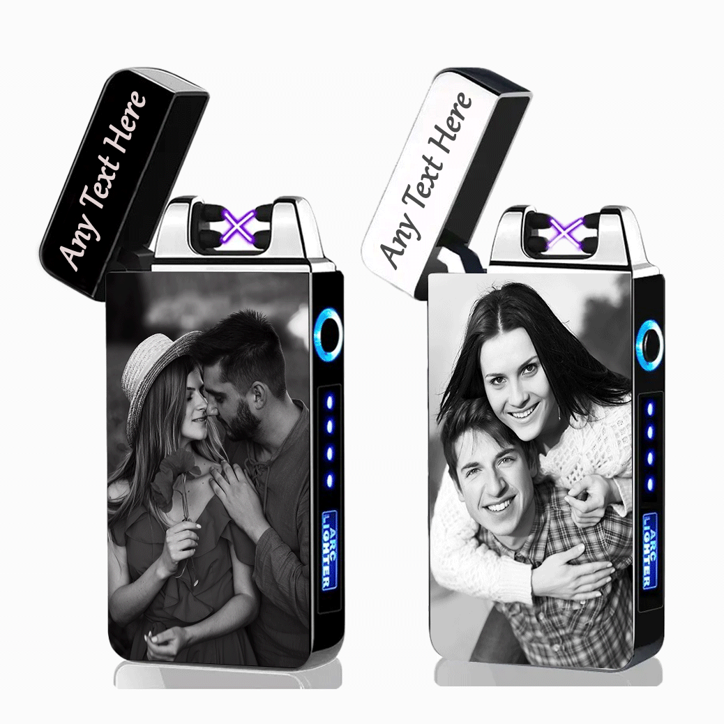 Personalised Plasma Electric Arc Lighter USB Rechargeable with Custom Photo & Text Gift for Christmas , Father's Day,Valentine's Day,Mens (Black & Silver)