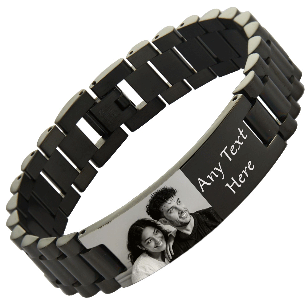 Mandore Designs® Christmas personalised engraved black stainless steel photo bracelet with custom text, adjustable size tool & gift box. gift for Dad or Grandad
