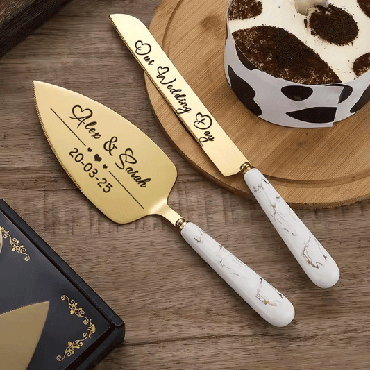 Luxury Engraved Personalised Bride & Groom Wedding Cake Server and Knife Slicer Set Gift Customised With Name