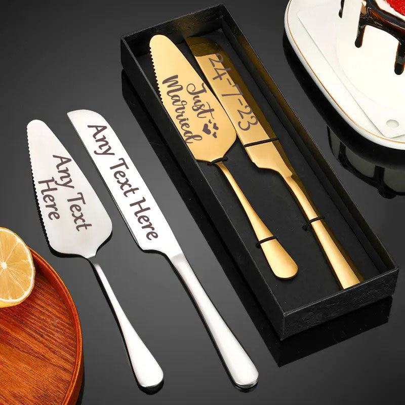 Custom Wedding Cake Server and Slicer Knife Gift Set Personalised for Bride & Groom made of Stainless Steel (Black , Silver , Gold , Rose Gold)