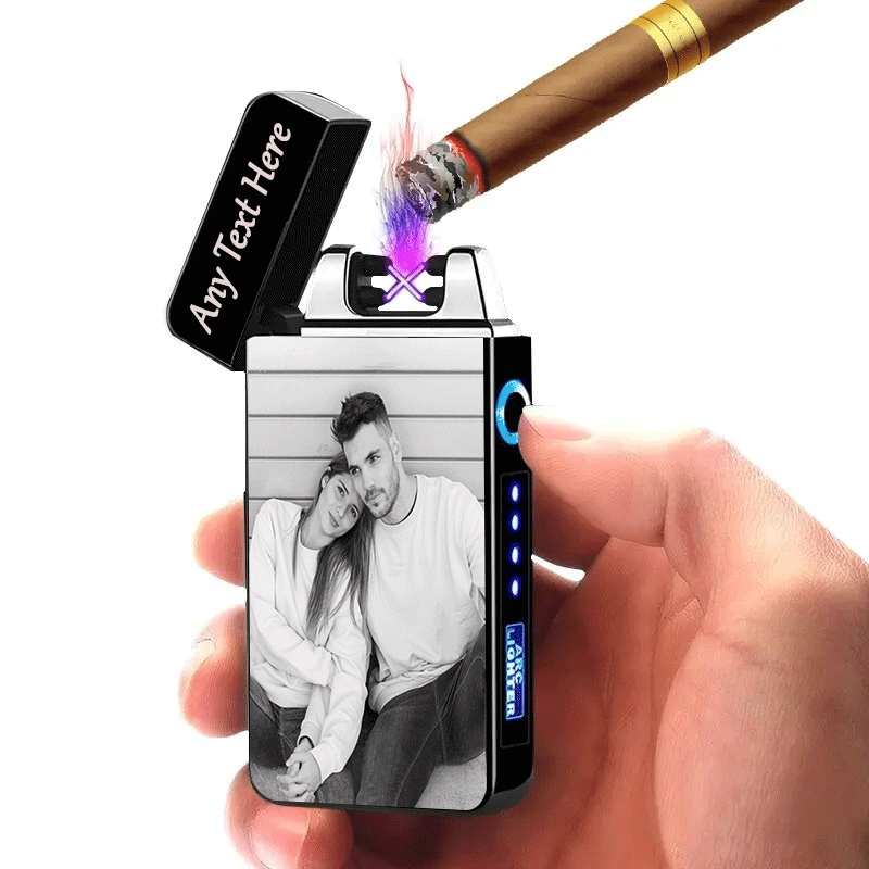 Personalised Plasma Electric Arc Lighter USB Rechargeable with Custom Photo & Text Gift for Christmas , Father's Day,Valentine's Day,Mens (Black & Silver)