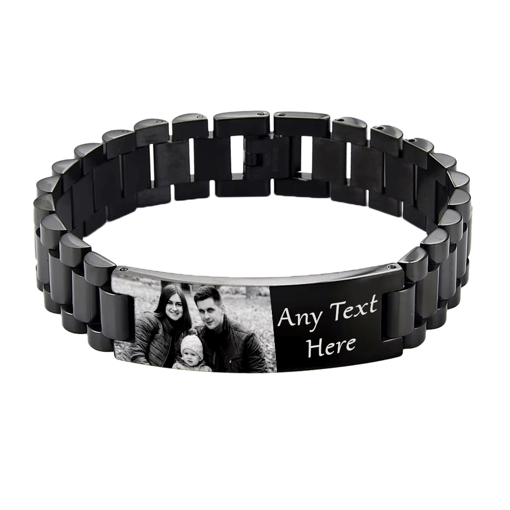 Mandore Designs® Christmas personalised engraved black stainless steel photo bracelet with custom text, adjustable size tool & gift box. gift for Dad or Grandad