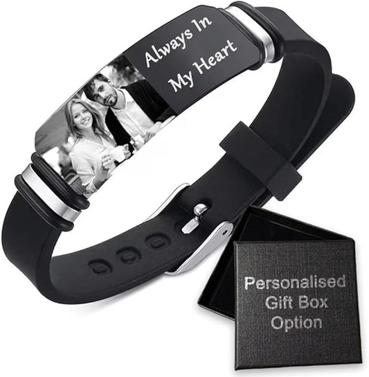 Mandore Designs® Personalised Photo Engraved Bracelet for Women with Custom Text Name– Black, Customised Gift for Her on Christmas Valentines Day Special Occasions, Perfect for Your Loved Ones Memory