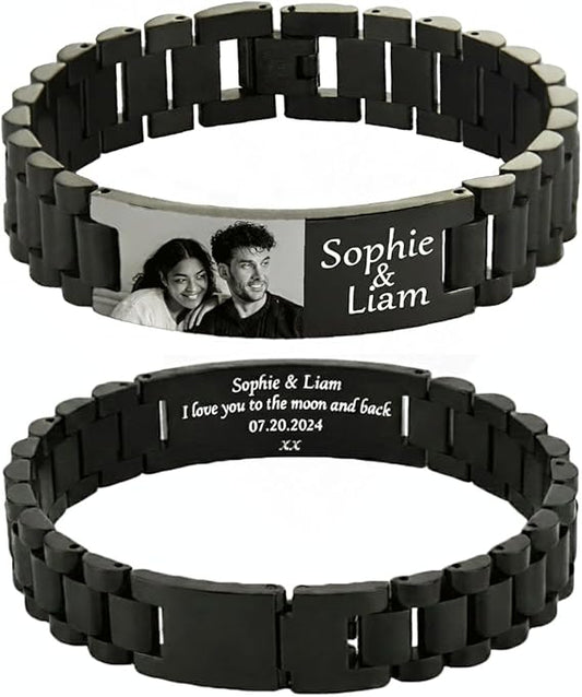 Mandore Designs® Christmas personalised engraved black stainless steel photo bracelet with custom text, adjustable size tool & gift box. gift for Dad or Grandad