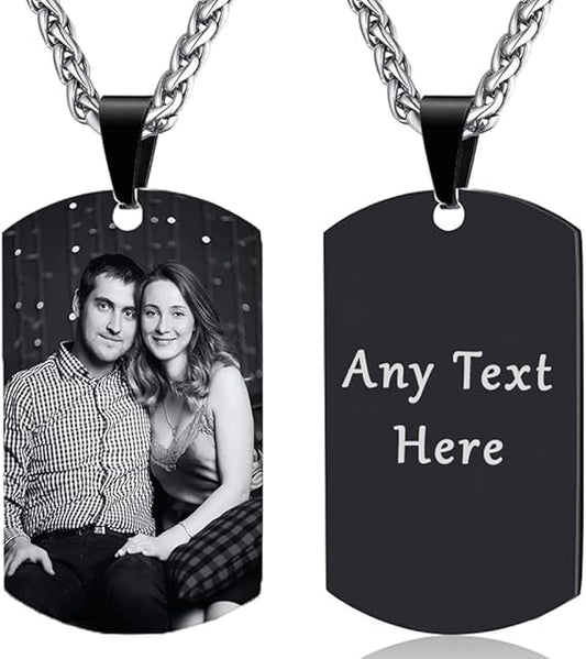 Mandore Designs Christmas Personalised Square Dog Tag Necklace Pendant with Engraved Photo & Text –Custom Jewelry Gift for Christmas ,Birthdays, Anniversaries, (silver & Black)