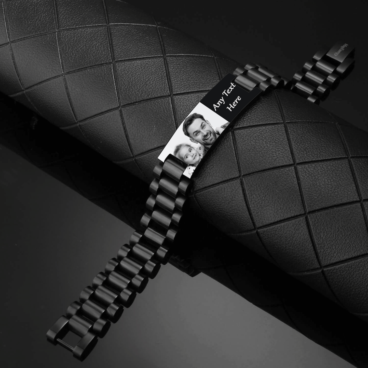 Mandore Designs® Christmas personalised engraved black stainless steel photo bracelet with custom text, adjustable size tool & gift box. gift for Dad or Grandad
