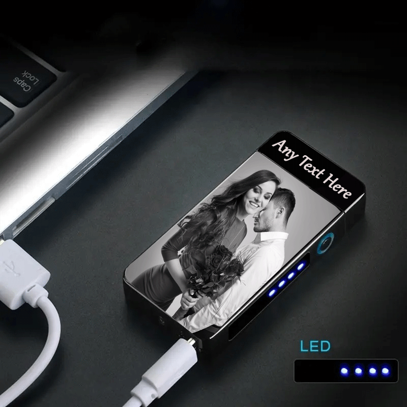 Personalised Plasma Electric Arc Lighter USB Rechargeable with Custom Photo & Text Gift for Christmas , Father's Day,Valentine's Day,Mens (Black & Silver)