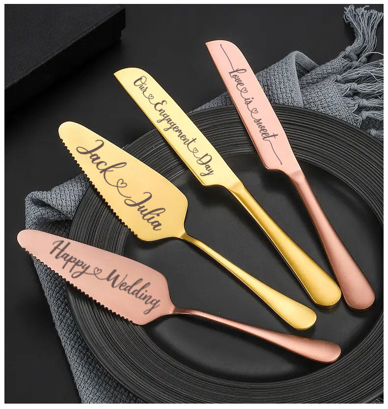 Custom Wedding Cake Server and Slicer Knife Gift Set Personalised for Bride & Groom made of Stainless Steel (Black , Silver , Gold , Rose Gold)