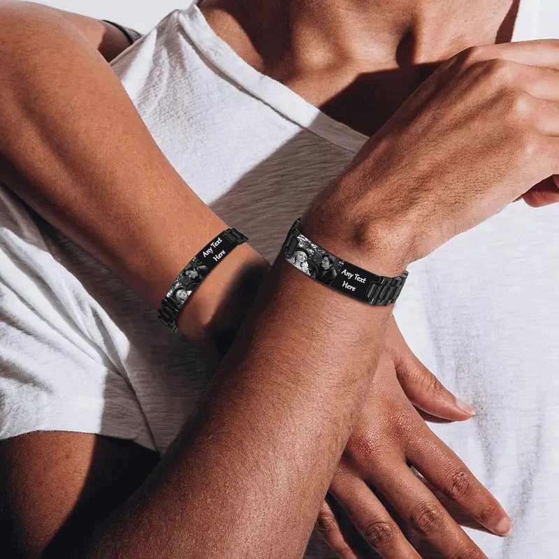 Mandore Designs® Christmas personalised engraved black stainless steel photo bracelet with custom text, adjustable size tool & gift box. gift for Dad or Grandad