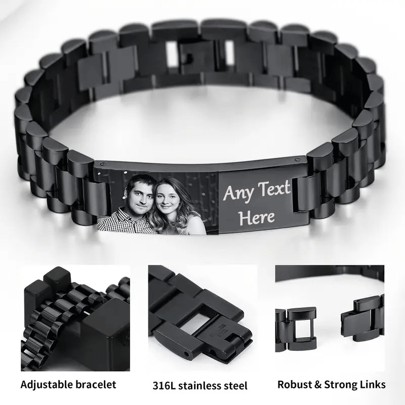 Mandore Designs® Christmas personalised engraved black stainless steel photo bracelet with custom text, adjustable size tool & gift box. gift for Dad or Grandad