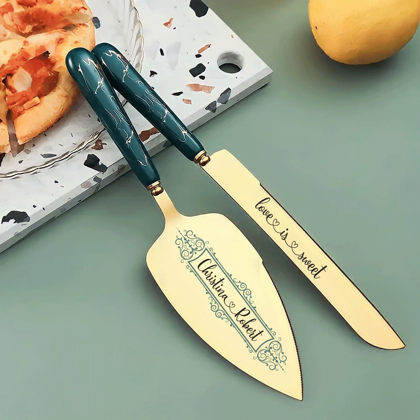 Beautiful golden cake server and knife for mrs and mrs wedding gift
