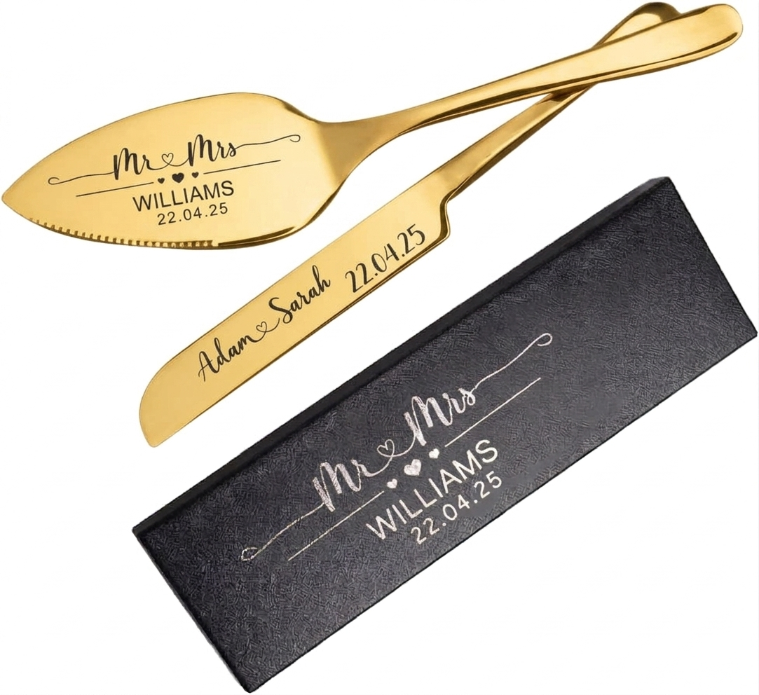 Mandore Designs Personalised Engraved Wedding Cake Server and Slicer Set for Bride & Groom – Customised Names, for Newlyweds, Weddings, Anniversaries, and Special Occasions