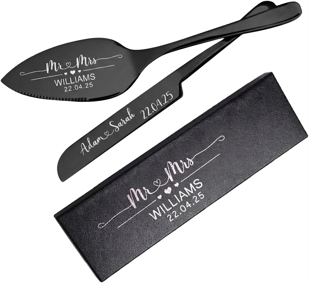 Mandore Designs Personalised Engraved Wedding Cake Server and Slicer Set for Bride & Groom – Customised Names, for Newlyweds, Weddings, Anniversaries, and Special Occasions