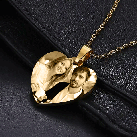 Gold Heart Personalised Photo Necklace with text 