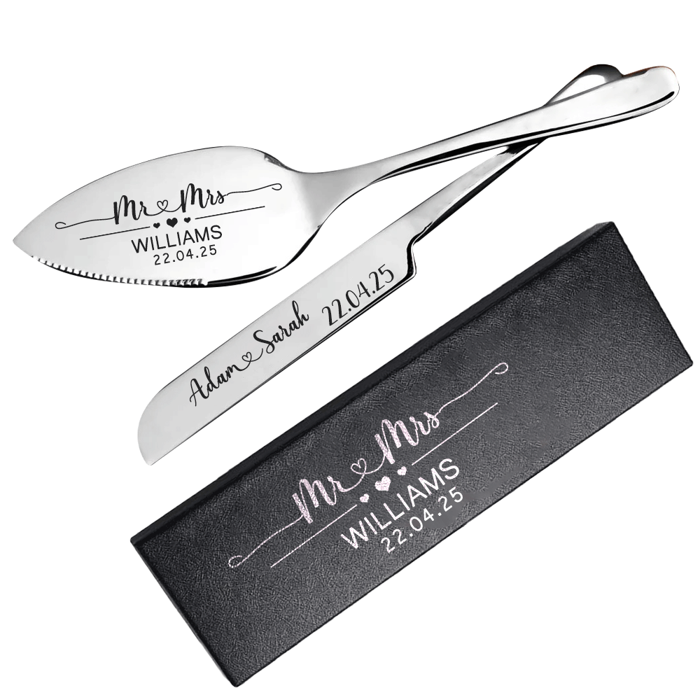 Wedding Cake Server and Slicer Knife Gift Set Personalised for Bride & Groom made of Stainless Steel (Black , Silver , Gold , Rose Gold)
