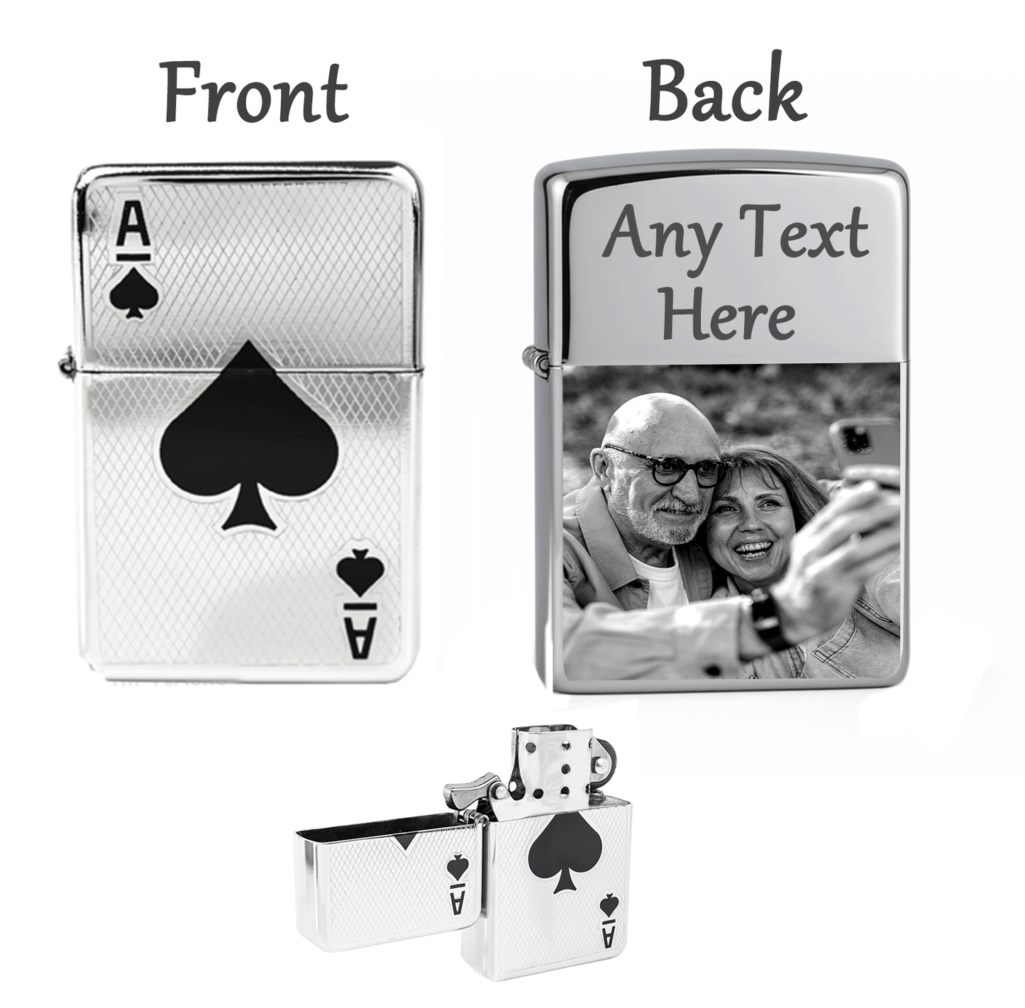 Ace of Heart & Ace of Spade Personalized Photo & Text Engraved Lighter Gift Set – Custom Silver Lighter, perfect for Christmas, Valentine’s Day & special occasions.
