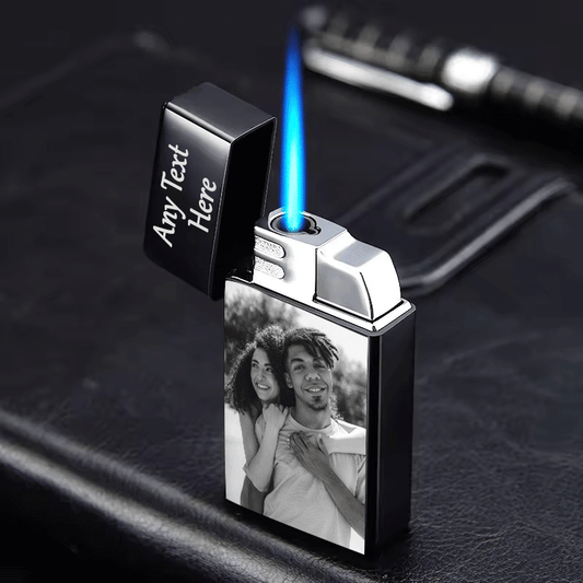 Mandore Designs Christmas Personalised Engraved Flame Lighter for Men - Custom Photo & Text for Dads, Husbands, GrandDads,Boyfriends - Stylish Gift Idea Black & Blue