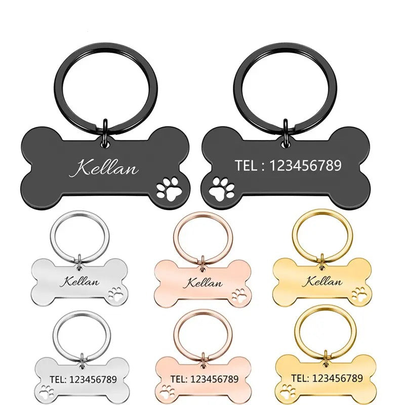 Stainless Steel Dog Pet ID Tag Name -Dog Bones with Paw Print