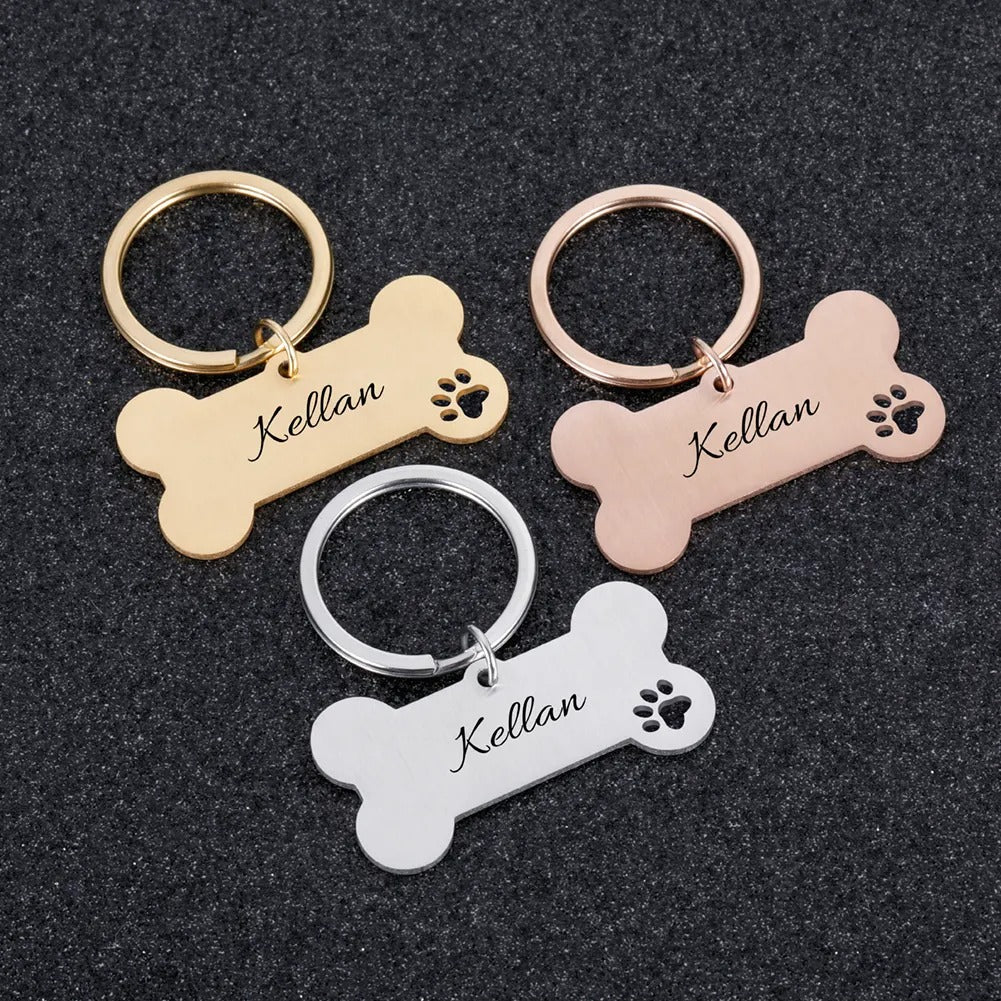 Stainless Steel Dog Pet ID Tag Name -Dog Bones with Paw Print