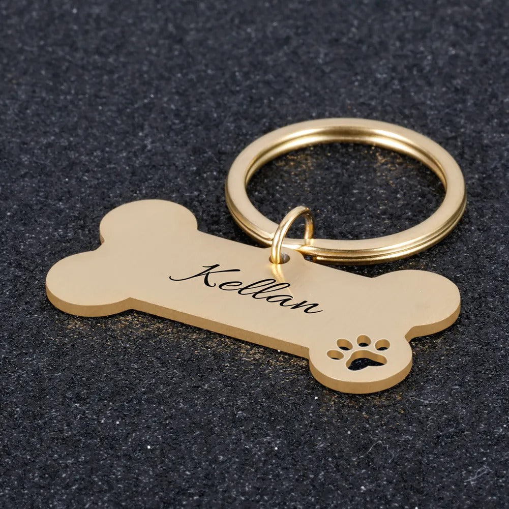 Stainless Steel Dog Pet ID Tag Name -Dog Bones with Paw Print