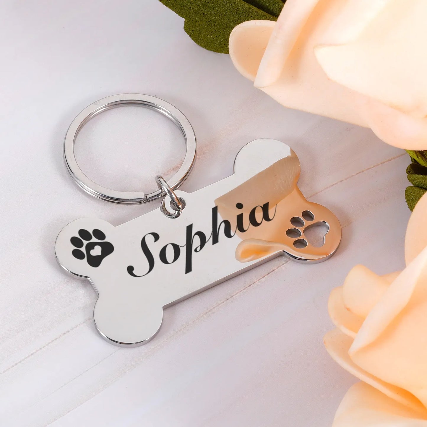 Stainless Steel Dog Pet ID Tag Name -Dog Bones with Paw Print