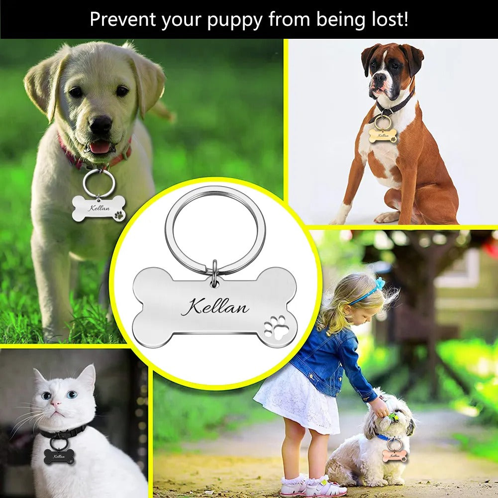 Stainless Steel Dog Pet ID Tag Name -Dog Bones with Paw Print