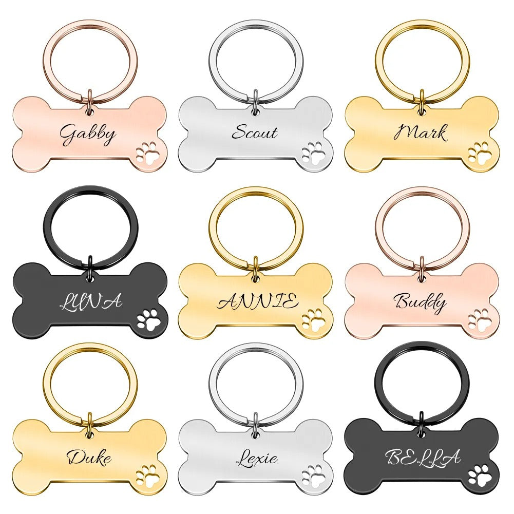 Stainless Steel Dog Pet ID Tag Name -Dog Bones with Paw Print